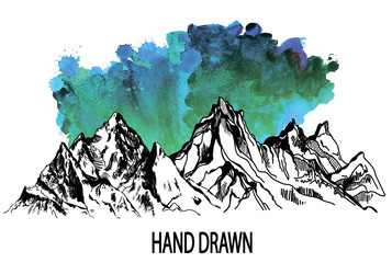 The mountains. Vector drawing hand with watercolor texture. - 293064899