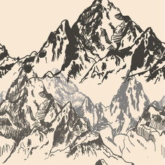 Seamless pattern with peaks . Drawing by hand in vintage style . Mountains , rocks .