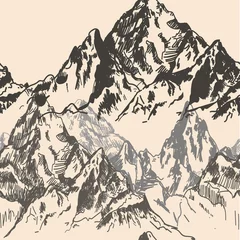 Papier Peint photo Montagnes Modèle sans couture avec des pics. Dessin à la main dans un style vintage. Montagnes, rochers.