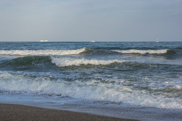 The sea is worry, waves with foam. The white ships on the horizon.