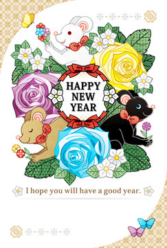 ２０２０年・令和２年・２０３２年子年イラスト年賀状デザイン「３色鼠と花と蝶々」HAPPY NEW YEAR
