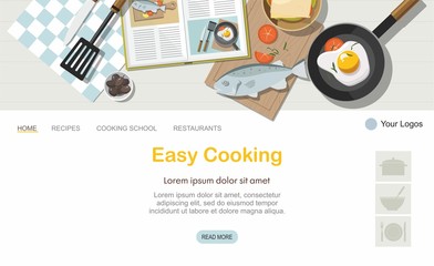 Landing page Cooking consept. Recipe book, frying pan and food. Top view. 