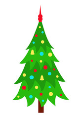 Christmas tree with toys isolated on white background, vector illustration.
