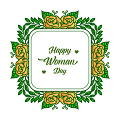 Banner calligraphic of happy woman day, with drawing of green leaf floral frame. Vector