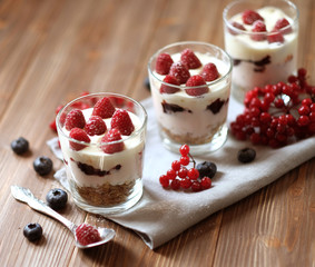 Healthy breakfast with yogurt and granola. Top view. Close up.
