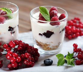 Healthy breakfast - yogurt with fresh berries and muesli served in glass jar, on wooden background