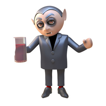 3d cartoon Dracula vampire character drinking a blood red drink from a glass, 3d illustration