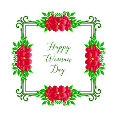 Banner calligraphic of happy woman day, with drawing of green leaf floral frame. Vector