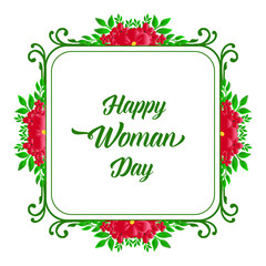 Banner calligraphic of happy woman day, with drawing of green leaf floral frame. Vector