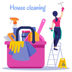 House cleaning. Poster. Cleaning service vector flat illustration.
