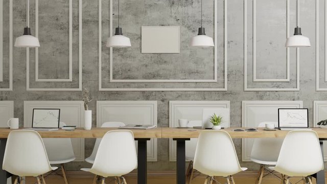 modern classic room interior, gray concrete wall, home office, zoom out shot slow motion, video 3D animation ultra HD 4K 3840x2160