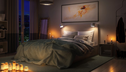 Contemporary Bedroom Arrangement by Night (focused) - 3d visualization
