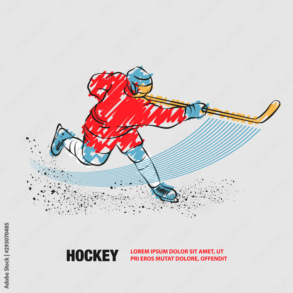 Wall mural Hockey player shoots the puck with a hockey stick. Vector outline of hockey player with scribble doodles.