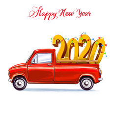 2020 big numbers on the car. Symbol of new year, art illustration painted with watercolors isolated on white background