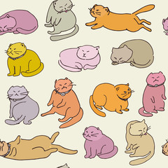 Hand drawn colorful illustration of cranky cats, pattern. Humor.