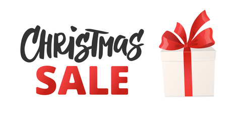 Fototapeta na wymiar Christmas sale banner. Cartoon gift box with red bow isolated on white