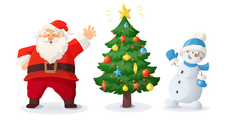 Cartoon illustration of Santa Claus, snowman and decorated Christmas tree