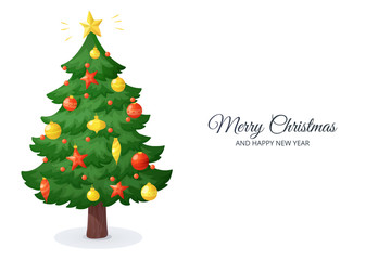 Merry Christmas card. Cartoon Christmas tree isolated on white background. Decorations with stars, balls and garlands