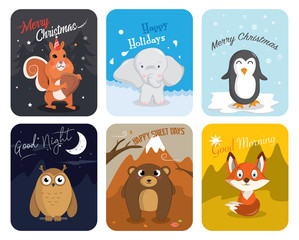 Obraz na płótnie Canvas Cute Animals Set, Squirrel, Elephant, Penguin, Owl, Bear, Fox Vector Illustration