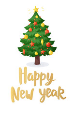 Happy new year card. Cartoon Christmas tree isolated on white background. Decorations with stars, balls and garlands
