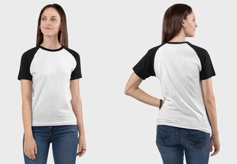 Front back view of female model wearing white and black raglan plain shirt