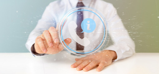 Businessman holding a customer and assistance hotline service button 3d rendering