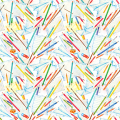 Watercolor color pencils. Watercolor school. Back to school. Office. Stationery. Watercolor botanical illustration. Graduation. School seamless pattern