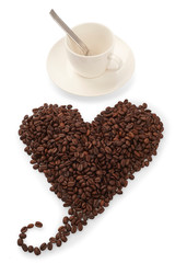 cup of coffee with beans on white background