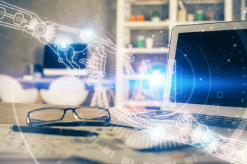 Technology theme drawing and table with computer. Multi exposure. Concept of information.