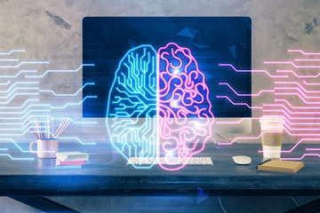 Double exposure of table with computer and brain hologram. Data innovation concept.