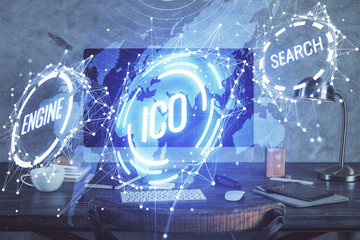 Double exposure of blockchain and crypto economy theme hologram and table with computer background....