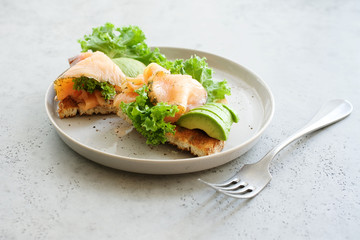 Salmon avocado toast. Open sandwich. Healthy snack