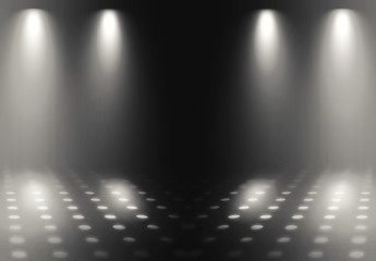 Empty background scene. Dark reflection of the street on wet asphalt. Rays of neon light in the dark, smoke. Background of an empty stage show. Abstract dark background.