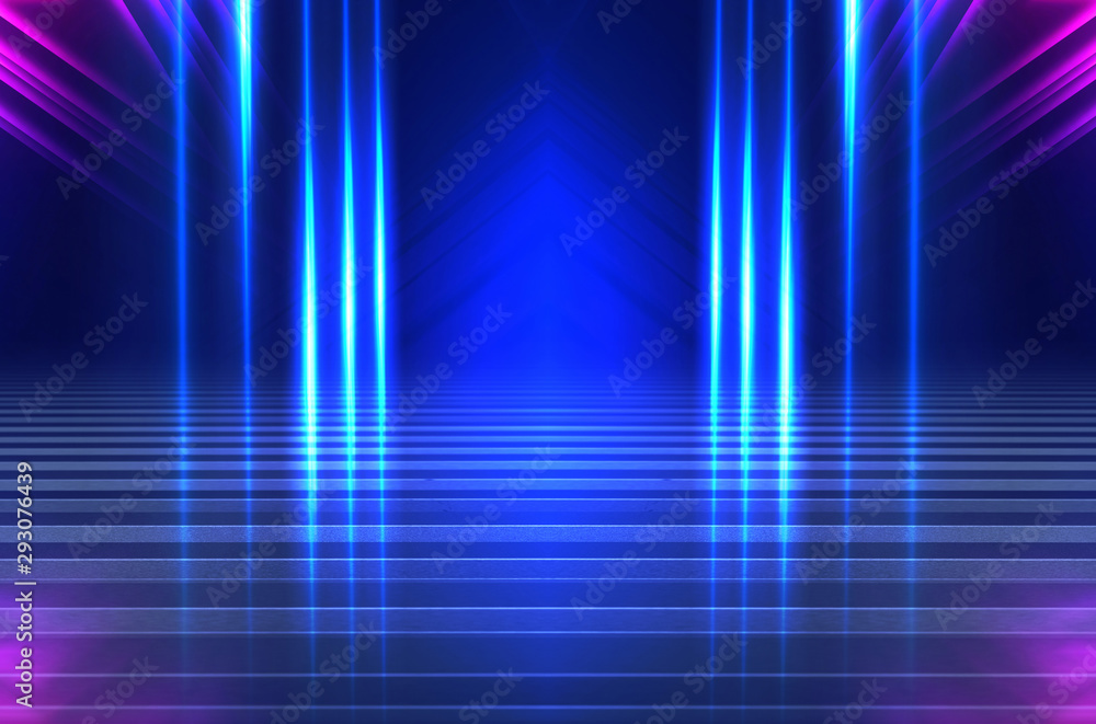 Fototapete Empty background scene. Dark street reflection on wet asphalt. Rays of neon light in the dark, neon shapes, smoke. Background of an empty stage show. Abstract dark background.