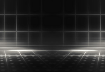 Fototapeta premium Empty background scene. Dark reflection of the street on wet asphalt. Rays of neon light in the dark, smoke. Background of an empty stage show. Abstract dark background.