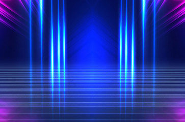 Empty background scene. Dark street reflection on wet asphalt. Rays of neon light in the dark, neon...