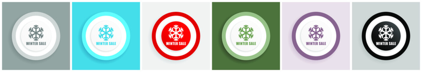 Winter sale icon set, colorful flat design vector illustrations in 6 options for web design and mobile applications