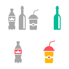 Flat icons of drinks. Vector illustrations of different beverages on the white background. Coffee, sparkling water, soda, alcohol, wine, cappuccino, latte, cola etc. Colorful set of icons.