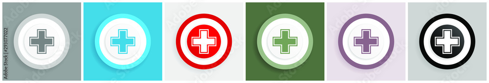 Poster pharmacy icon set, colorful flat design vector illustrations in 6 options for web design and mobile 