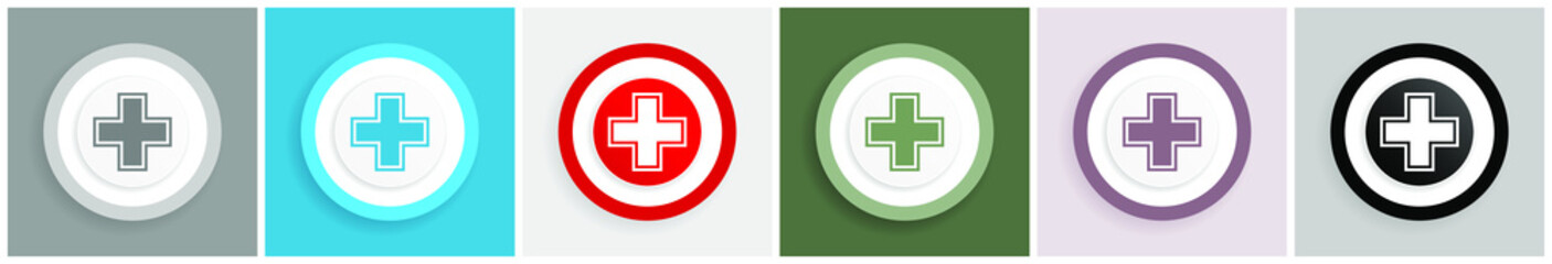 Pharmacy icon set, colorful flat design vector illustrations in 6 options for web design and mobile applications