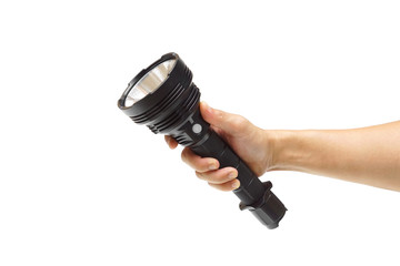 Hand holding a big LED torch isolated / Flashlight for camping