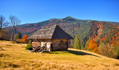 Fototapeta premium Beautiful landscape with old wooden hut in the Carpathians mountains. Autumn sunny day.