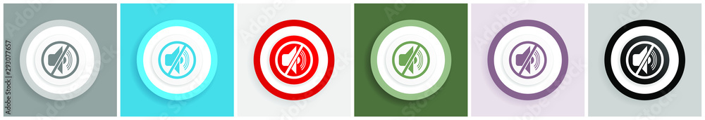 Poster Mute icon set, colorful flat design vector illustrations in 6 options for web design and mobile applications