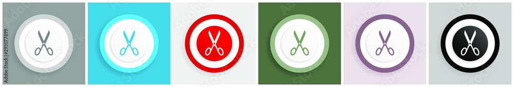Aufkleber Scissors icon set, colorful flat design vector illustrations in 6 options for web design and mobile applications