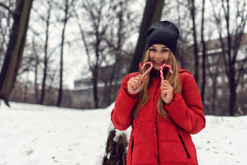 December walk with a young pretty blonde