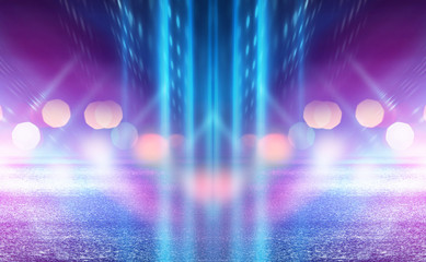 Dark abstract futuristic background. Neon lines glow. Neon lines, shapes. Pink-blue glow. Empty...