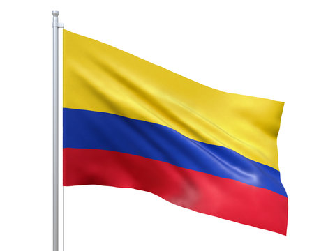 Colombia flag waving on white background, close up, isolated. 3D render