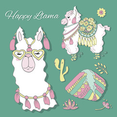Cute llama alpaca clipart, isolated on green background, vector