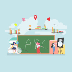 Naklejka premium Back to school education concept with background full of lesson stationery and study supplies