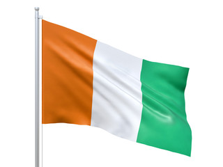 Ivory Coast (Cote_d'Ivoire) flag waving on white background, close up, isolated. 3D render